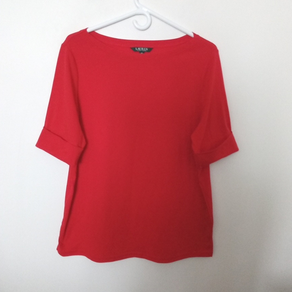 Ralph Lauren Black Label Women's Red Cotton Boatneck Cuffed Sleeve T-shirt 2X